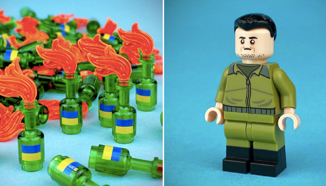 (Gefälschte) Lego-Figuren von Zelensky und Molotow-Cocktails, um der Ukraine zu helfen