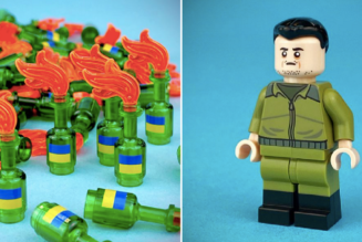 (Gefälschte) Lego-Figuren von Zelensky und Molotow-Cocktails, um der Ukraine zu helfen